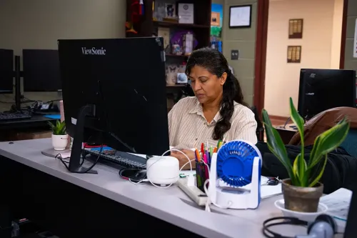Person working at desktop computer with office supplies, small fan, plants, and shelves in background.